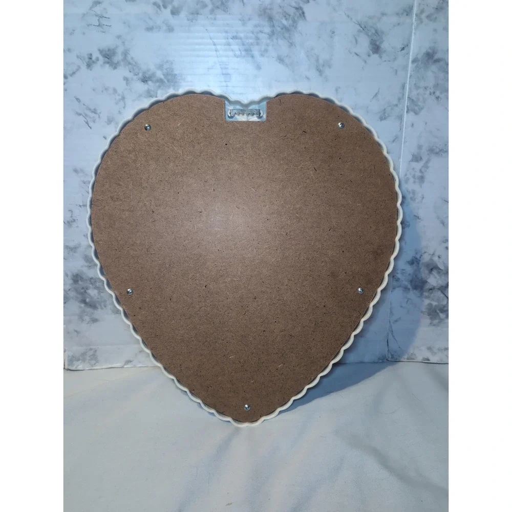 Vintage 80s Homco Mirror Wicker White Resin w/Pink Trim Heart Shaped 16